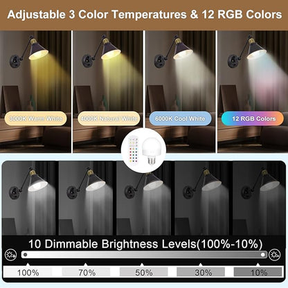 TRLIFE Rechargeable Battery Operated Wall Sconce, Dimmable and Adjustable Color Temperature Wireless Wall Sconces Set of 2 with Remote Control, Swing Arm Wall Mounted Light for Bedroom Bedside Hallway