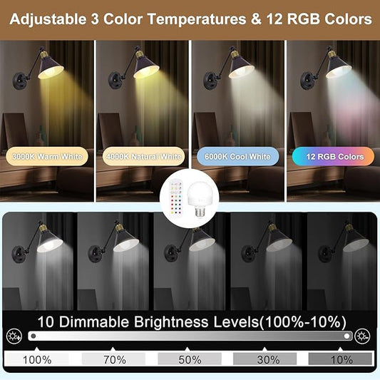 TRLIFE Rechargeable Battery Operated Wall Sconce, Dimmable and Adjustable Color Temperature Wireless Wall Sconces Set of 2 with Remote Control, Swing Arm Wall Mounted Light for Bedroom Bedside Hallway