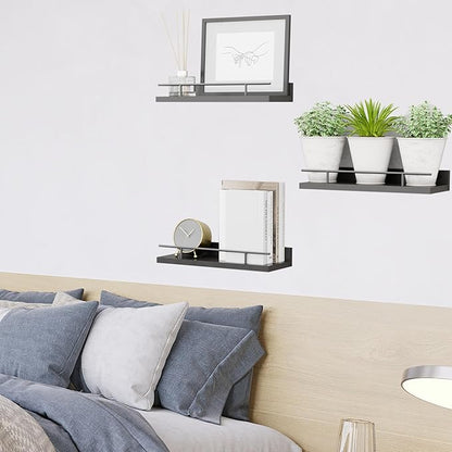 Floating Shelves with Metal Guardrail, Wall Decor Shelves for Bathroom, Living Room and Bedroom, (Black-Black) Shelves for Home Decor
