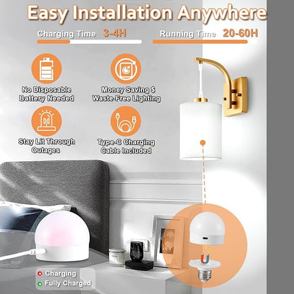 Battery Operated Wall Sconces Set of 2, Brass Gold Rechargeable Wall Sconces with Remote & Bulbs, Indoor Not Hardwired Wall Lights, 15 Colors Dimmable Cordless Wall Lamps for Living Room Hallway Foyer