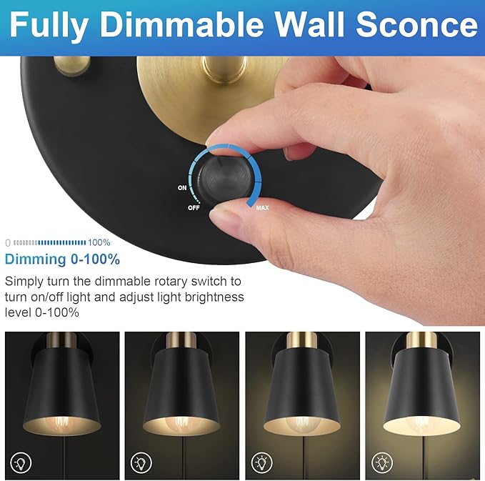 Plug in Wall Sconce, Dimmable Wall Sconce Adjustable Wall Lights with Plug in Cord and Dimmer On/Off Rotary Switch, Wall Mounted Light for Bedside Bedroom Doorway(One Bulb Included)