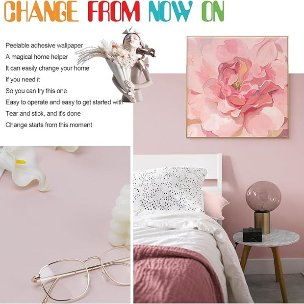 Amiya Pink Peel and Stick Wallpaper Solid Color Textured Contact Paper Pure Pink Self Adhesive Wallpaper Matte Removable Wall Paper Decorative Walls Decal Vinyl Roll A Set of15.7×1200"