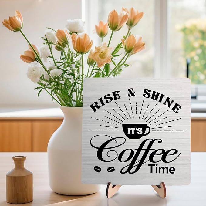 Vintage Coffee Bar Wooden Plaque Desk Sign, Farmhouse Wood Plaque Tabletop Decor for Cafe Bar Kitchen Office,Coffee Station Accessories 5.9x5.9Inch(Coffee- White02)