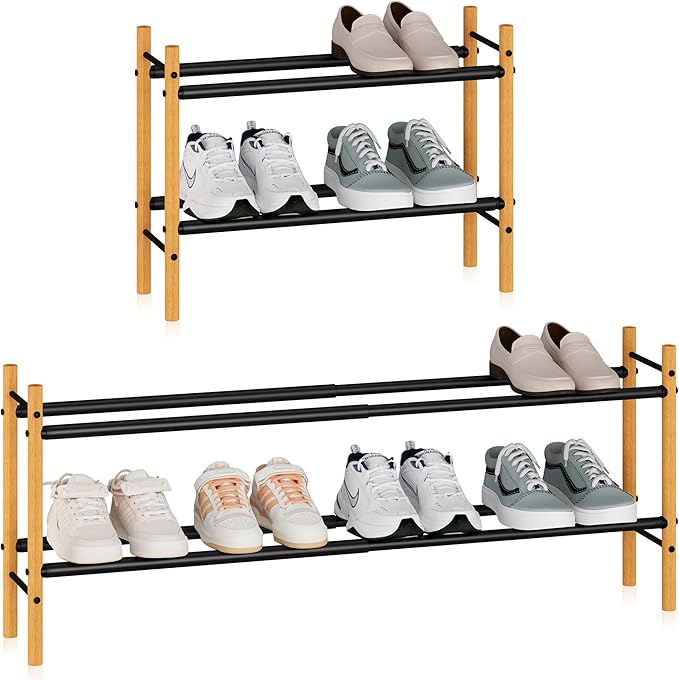 STORAGE MANIAC Expandable Shoe Rack, 8 Pairs Stackable Small Shoe Rack, Metal Adjustable Shoes Organizer for Closet, Entryway, Hallway, Garage, Front Door, Shoes Shelves, Bamboo 2 Tier