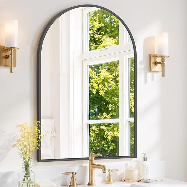 Arched Wall Mirror 38x26 Inch Black Bathroom Vanity Mirror with Metal Frame, Modern Arch Mirror for Bedroom, Living Room, Entryway, Wall Mounted Decorative Mirror