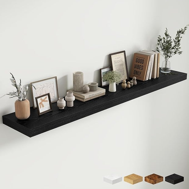 Fun Memories 72 Inch Fireplace Mantel Shelf, 12 Inch Deep Shelves for Display & Wall Storage, Rustic Wood Wall Shelf, Extra Long Floating Shelves for Living Room Laundry Room, Black, Set of 1