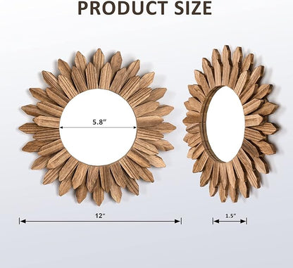 Honiway Boho Wall Decor Mirror 2 Pack Rustic Wood Mirror 12 inch Boho Mirror Home Decor Farmhouse Room Decorations for Bedroom Living Room Carbonized Black