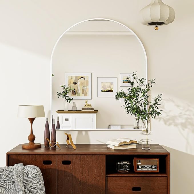 32 x 34 inch Arch Wall Mirror, White Arched Bathroom Vanity Mirrors for Over Sink, Metal Frame Room Wall Decor Haning or Leaning for Entryway, Bedroom, Living Room