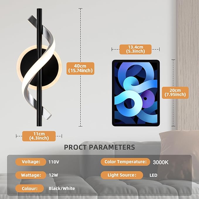 LED Wall Sconces Indoor, 12W LED Wall Mount Lights, Modern Spiral Wall Lamp, 3000K Warm White LED Light Fixture for Stairs Living Room Bedroom Aisle Hallway (Warm White, Black)