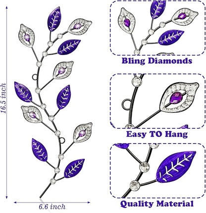 sxnzequnze 2 Pcs Metal Leaf Wall Art Crystal Bling Decorations Silver Leaves 3D Iron Handmade Home Decor Hanging Minimalist Accents Modern Set for Living Room Bathroom Bedroom Dining Room Hallway