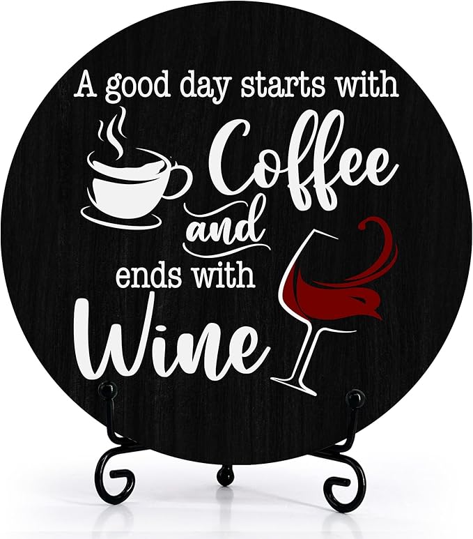 Coffee And Wine Desk Decor Sign, Rustic Funny Wooden Box Plaque, A Good Day Starts With Coffee And Ends With Wine Wood Sign, Decor For Home Kitchen Table Top, Wooden Round With Stand-19