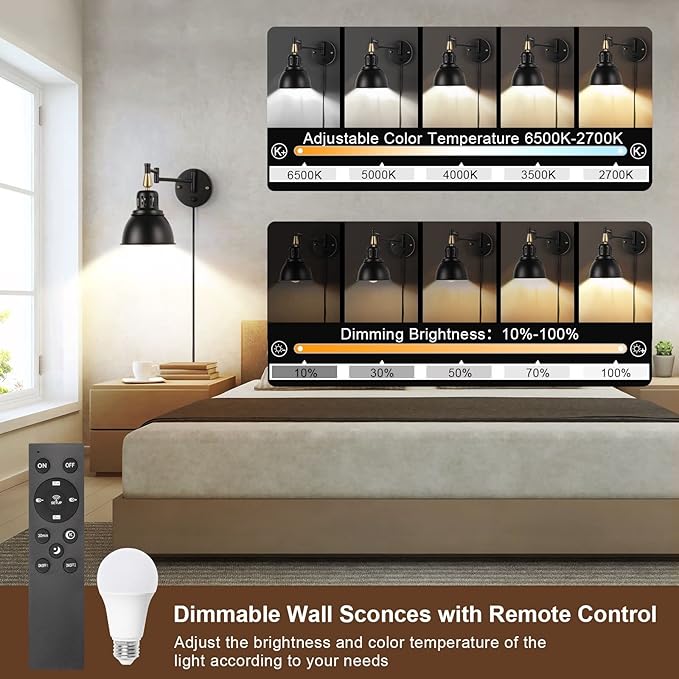 TRLIFE Wall Sconces Plug in, Remote Control Dimmable Wall Sconce and Adjustable Color Temperature 2700K-6500K Wall Lights with 6FT Plug in Cord, Swing Arm Wall Mounted Light(2 Pack, 2 Bulbs)