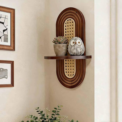 1pc Mid-Century Modern Wall Shelf - Arched Wood & Woven PE Rattan Boho Decorative Floating Shelf, Vintage Aesthetic Decor for Living Room, Bedroom, Kitchen & Home Office (Walnut)