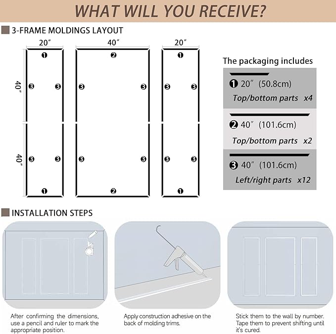 Gaahing 3 Sets Premade Accent Wall Molding Kit, Pre-Cut Wainscoting Panels, Ready to Assemble Chair Rail Moulding for Interior Decoration