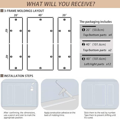 Gaahing 3 Sets Premade Accent Wall Molding Kit, Pre-Cut Wainscoting Panels, Ready to Assemble Chair Rail Moulding for Interior Decoration