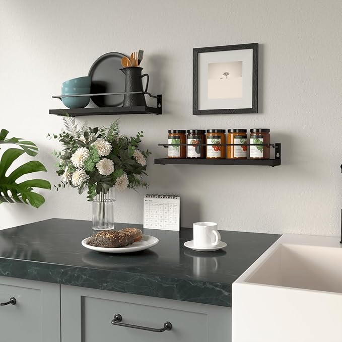 RICHER HOUSE Bathroom Shelves, Black Floating Wall Shelf Organizer Over Toilet Storage with 2 Shelves