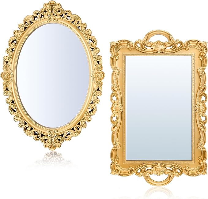 2 Pcs Vintage Decorative Gold Mirror Set Including 12.6" x 9.1" Oval Wall Mirror 15.4" x 9.7" Square Antique Tabletop Makeup Vanity Tray for Bedrooms Room Dresser Decorations(Gold)