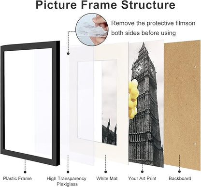 11x14 Picture Frame Set of 9, Display Pictures 8x10 with Mat or 11x14 without Mat, Multi Collage Gallery Square Photo Frames for Wall or Tabletop, Black