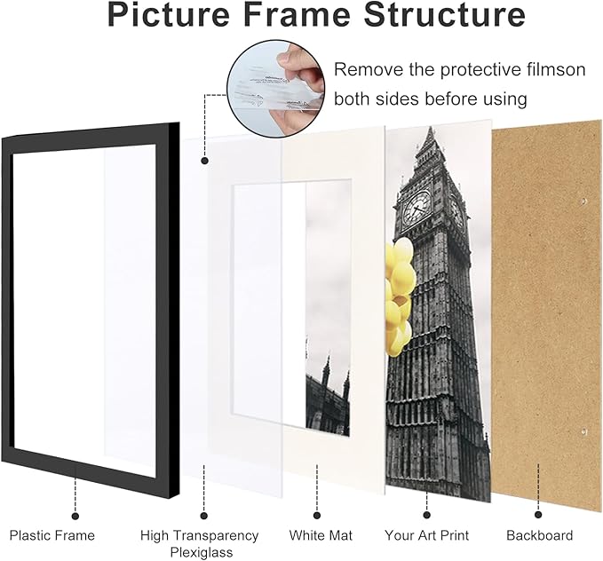 8x10 Picture Frame Set of 9, Display Pictures 5x7 with Mat or 8x10 without Mat, Multi Collage Gallery Square Photo Frames for Wall or Tabletop, Black