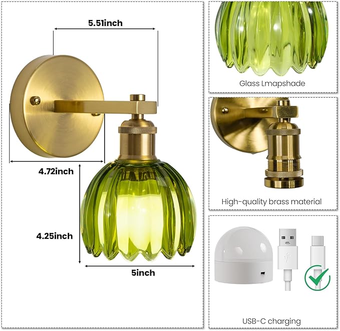 Wall Sconces Set of Two, Battery Operated Wall Light with Remote, Wireless Rechargeable Wall Sconce, 12 Colors & Dimmable, Scalloped Green Glass Shade, Vintage Brass Wall Lamp for Bedroom, Living Room