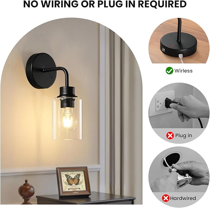 Battery Operated Wall Sconce Set of 2 - Dimmable Wireless Lamps for Wall Rechargeable Sconces Set of 2 with Remote Control, Cordless Battery Powered Wall Lights 3000K for Bathroom Bedroom