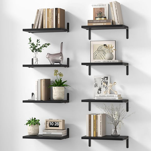 Marsmiles Extra Wide Floating Shelves for Wall, 16x8 Inch Natural Wood Grain Bookshelves, Heavy Duty Mounted Shelving for Bathroom, Kitchen, Living Room, Bedroom,Set of 8，Black