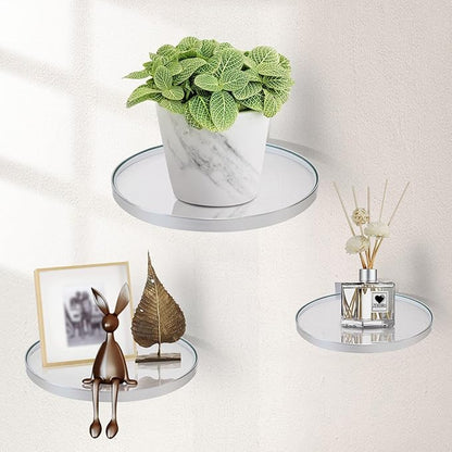 ZEXUIRU 3 Set Glass Decorative Floating Shelves Metal Frame Display Shelf Wall Decor for Home Office Mixed Size