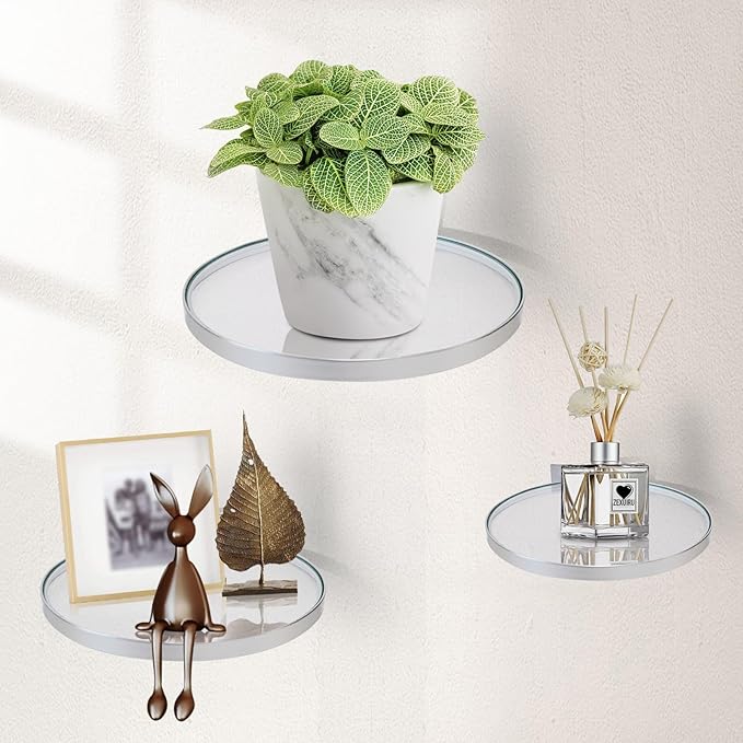 ZEXUIRU 3 Set Glass Decorative Floating Shelves Metal Frame Display Shelf Wall Decor for Home Office Mixed Size