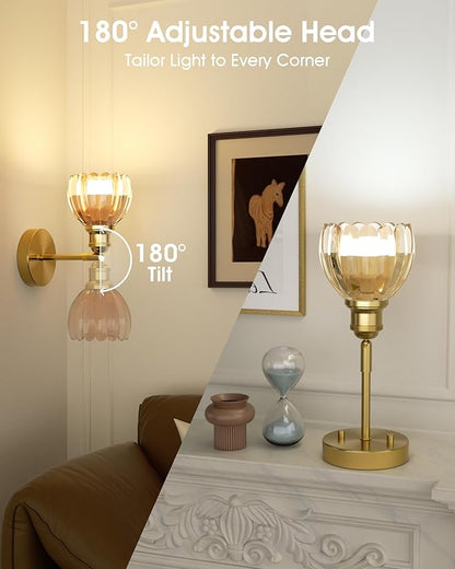 VOLISUN Vintage Battery Operated Wall Sconce,with Amber Tulip Glass Lampshade, Wireless Wall Sconce, Rechargeable Battery Powered Wall Light, Sconce Wall Decor for Bedroom Living Room