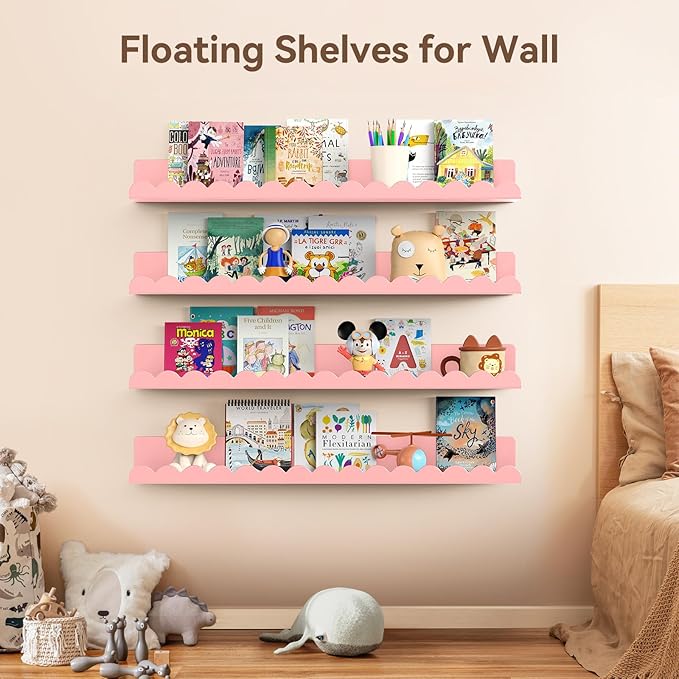Floating Shelves for Wall, 23 Inch Metal Nursery Book Shelves 4 Pack, Wall Mounted Book Shelf for Kids Room, Bedroom, Bathroom, Playroom Decor (Pink)