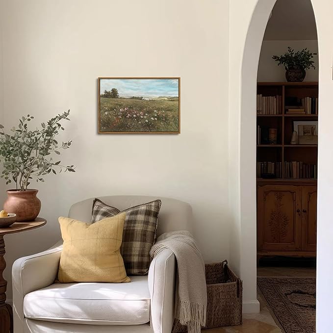 OIQArtOIQ Vintage Landscape Framed Wall Art Summer Countryside Wildflower Canvas Art Prints Farmhouse Cottagecore Pictures Wall Decor Rustic Meadow Paintings Artwork For Kitchen Bedroom Living Room