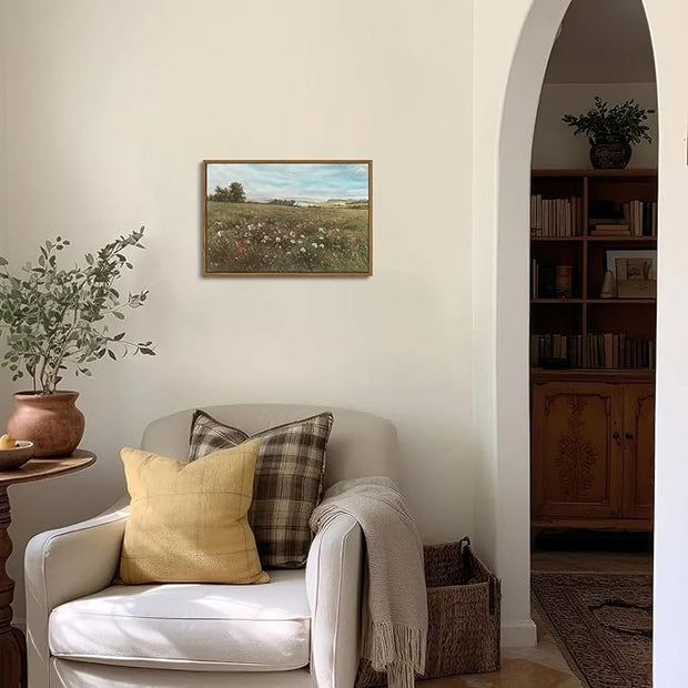 OIQArtOIQ Vintage Landscape Framed Wall Art Summer Countryside Wildflower Canvas Art Prints Farmhouse Cottagecore Pictures Wall Decor Rustic Meadow Paintings Artwork For Kitchen Bedroom Living Room