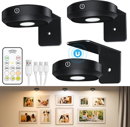 WILLED Picture Lights for Wall Rechargeable,Wireless Battery Operated Art Lighting for Paintings,Puck Lights with Remote,Picture Frame Lights,Dimmable & TimerWireless,Magnetic Gallery Light