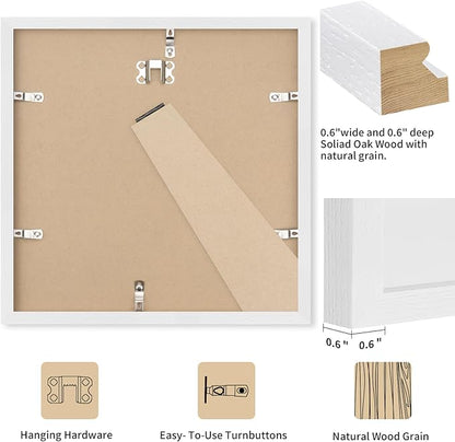 puthiac 8x8 Solid Oak Wood Picture Frame, Fits 4x4 with Mat or 8x8 Without Mat, Wall or Tabletop Display with Stand, Plexi Front, 3 Pack, White