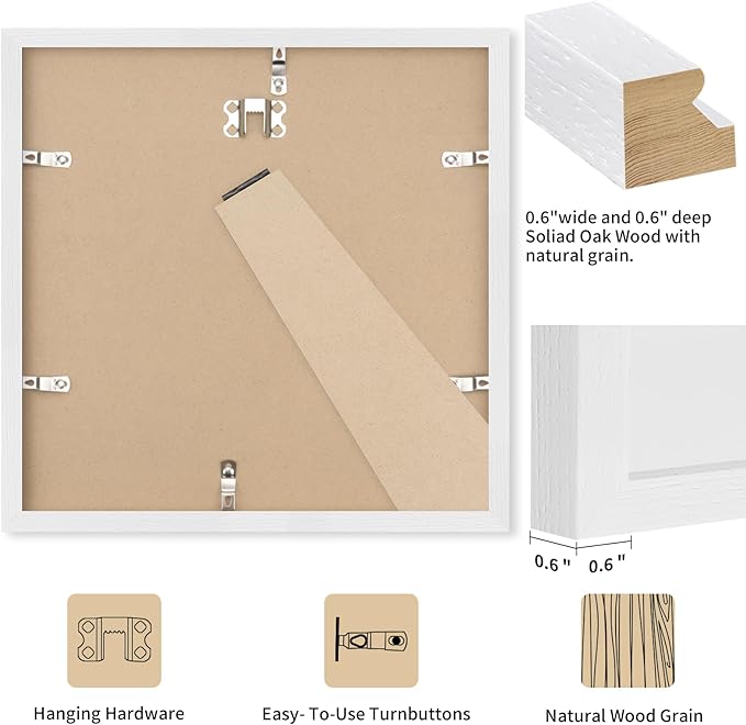 puthiac 8x8 Solid Oak Wood Picture Frame, Fits 4x4 with Mat or 8x8 Without Mat, Wall or Tabletop Display with Stand, Plexi Front, 1 Pack, White