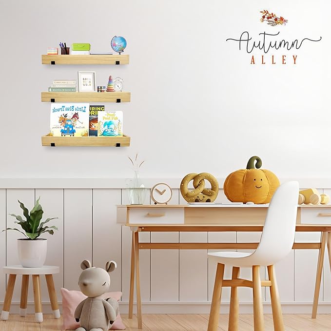 Autumn Alley Natural Wood Floating Wood Shelves for Wall – 3-Tier Wood Wall Shelves, Floating Wooden Shelf Set for Nursery, Bathroom, Kitchen, or Living Room – Use as Tray or Shelf