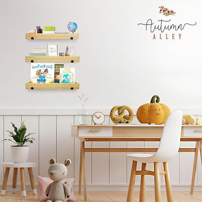 Autumn Alley Natural Wood Floating Wood Shelves for Wall – 3-Tier Wood Wall Shelves, Floating Wooden Shelf Set for Nursery, Bathroom, Kitchen, or Living Room – Use as Tray or Shelf