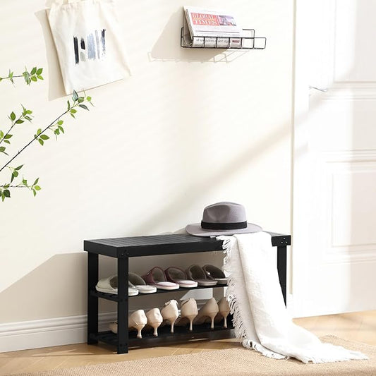 Apicizon Bamboo Shoe Rack for Entryway, 3-Tier Shoe Rack Bench for Front Indoor Entrance, Small Shoe Organizer with Storage, 35.4 Inches, Black
