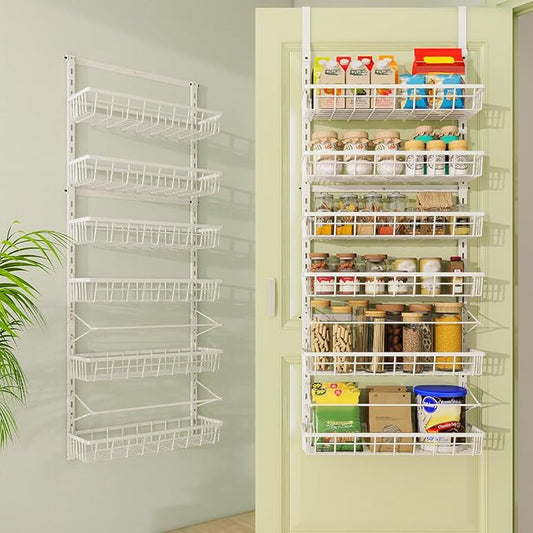 Over The Door Pantry Organizer, Wall Mount Spice Rack, Pantry Hanging Storage and Organization, 6 Adjustable Baskets Heavy-Duty Metal for Home & Kitchen, Back of Door Seasoning Rack - White