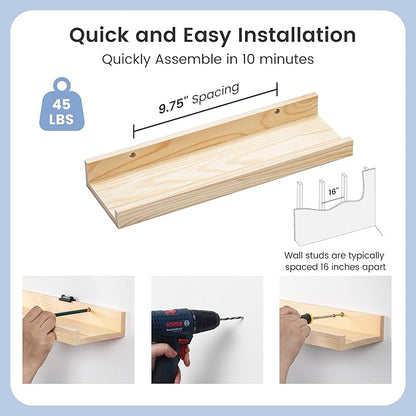 Picture Ledge Shelf for Wall, 16 inch Solid Pine Wood Nursery Book Shelves 2 Packs, Floating Ledge Shelves for Kids' Room Bedroom Bathroom Living Room Photo Frames Office Nursey Wall Decor, Natural
