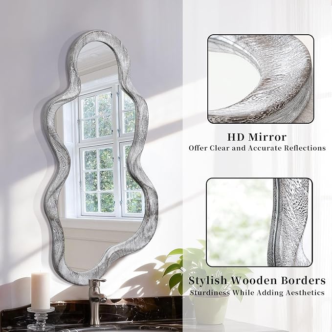 Irregular Wall Mirror Cloud Wavy Wood Frame Mirrors Asymmetrical Modern Mirror for Wall for Vanity Bathroom Living Room Bedroom Entryway Hallway Modern Unique Decorative Artistic Mirror Large