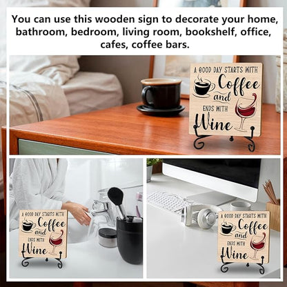 Coffee And Wine Desk Decor Sign, Rustic Wooden Sign With Stand, A Good Day Starts With Coffee And Ends With Wine Sign For Farmhouse Home Kitchen Bar Shelf Table, Gifts For Family Friends Coworker