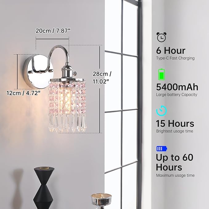Set of 2 Crystal Battery Operated Wall Sconce, Rechargeable Battery Powered Wall Lamp with Remote Control, Modern Dimmable Wall Lights for Bedroom Bathroom(Pink, Silver Base)