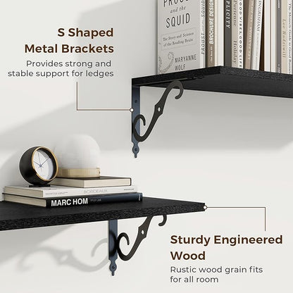 RICHFOCUS 12 Inch Deep Floating Shelves for Wall, 16" W x 12" D Black Wood Wall Shelves Set of 2, Wide Floating Shelves for Living Room, Bedroom, Kitchen, Bathroom and Decor Storage, Black
