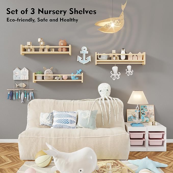 Nursery Floating Bookshelf for Kids, Wall Mounted Kids Book Shelf with Toy Storage, Pine Wood Nursery Shelves for Playroom, Bedroom, Toddler Room, Set of 3 (Pine, 23.6 Inches)