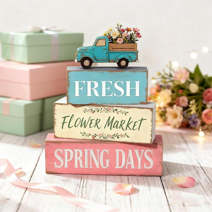 Spring Decoration Wooden Tiered Tray Decor Set – Farmhouse Spring Block Sign with Vintage Flower Truck, Fresh Flower Market Text – Rustic Tabletop Centerpiece for Living Room, Kitchen, Entryway, Shelf Display, Spring Home Decor