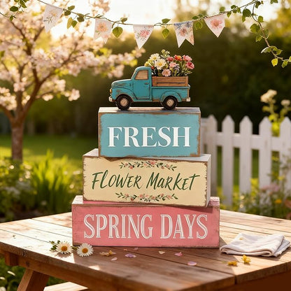 Spring Decoration Wooden Tiered Tray Decor Set – Farmhouse Spring Block Sign with Vintage Flower Truck, Fresh Flower Market Text – Rustic Tabletop Centerpiece for Living Room, Kitchen, Entryway, Shelf Display, Spring Home Decor