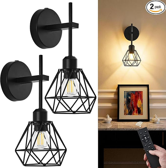 Black Hollow Wireless Battery Operated Wall Sconces Set of 2, 8000mAh Rechargeable Dimmable Wall Light with Remote, Cordless Battery Powered Lamp Decor Fixture for Bedroom Living Room Hallway