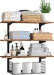 3 Tier Floating Shelf with Storage Baskets, Wall Mounted Bathroom Shelves Over Toilet, Wood Wall Shelves for Kitchen, Bedroom, Living Room, Home Organization and Decor, Rustic Brown