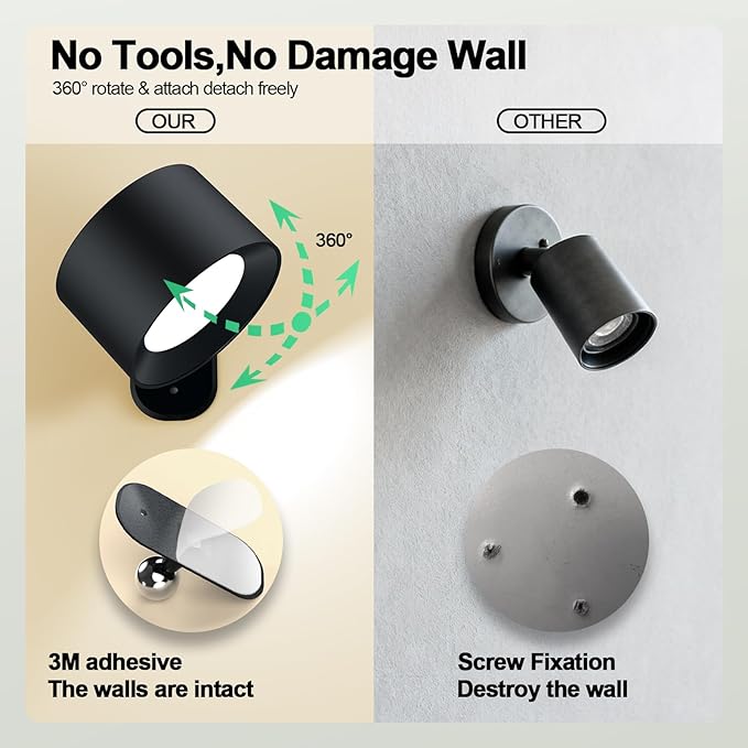 Aomees Wall Lights Battery Operated Wall Sconce, 3 Color Temperatures & 3 Brightness Levels & Remote and Touch 360°Rotation, Mounted Cordless Lamp Magnetic Rechargeable Led Lights for Bedroom 6pcs